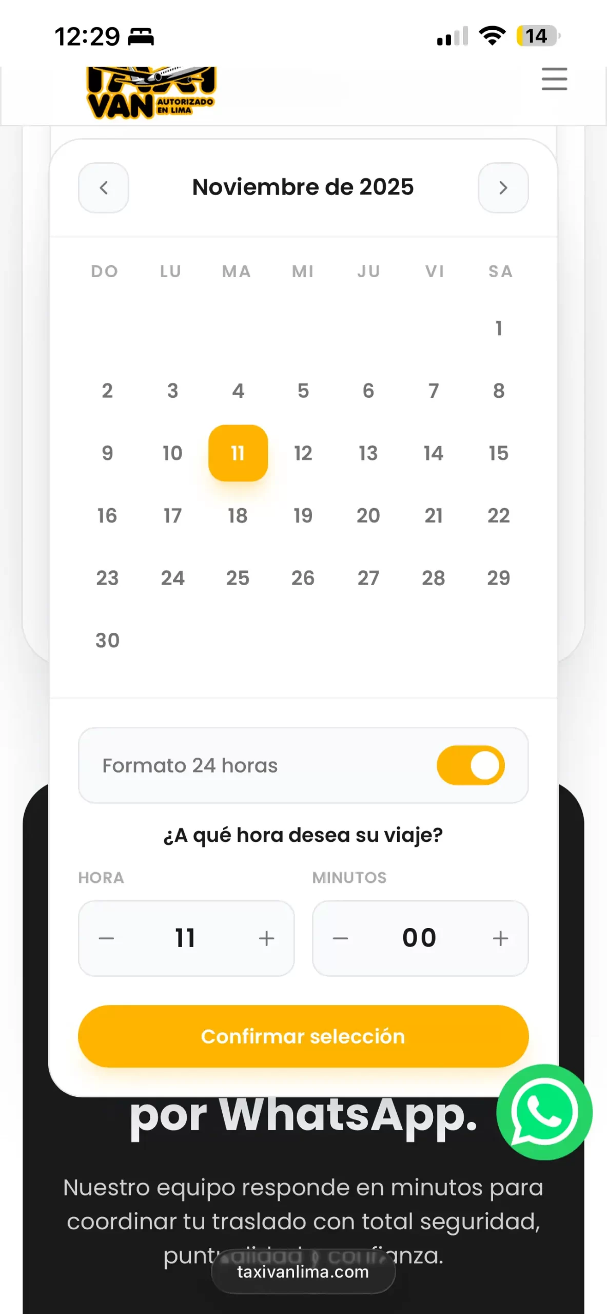 Calendario del formulario de Taxi Van Lima para elegir la fecha y hora del viaje desde el Aeropuerto Jorge Chávez.